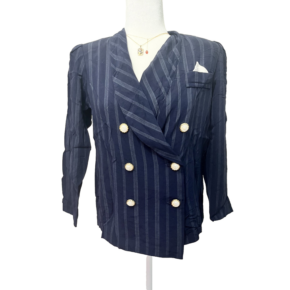 Women's Reina Size 6P Business Blouse Shoulder Pads Fake Pockets Striped